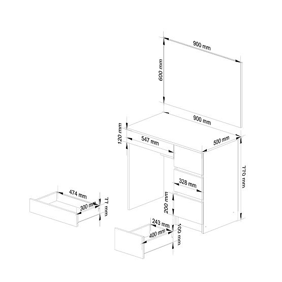 MASĂ DE TOALETĂ COSMETICĂ CU OGLINDĂ T-6/SL 900x600 DREAPTA PK ALBĂ