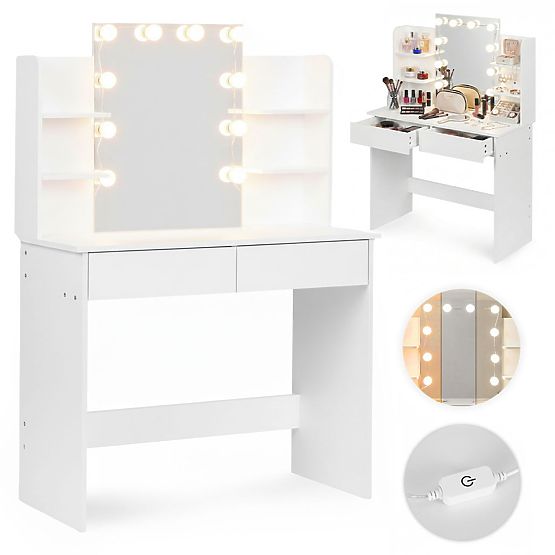 Masa de toaletă mare cu oglindă și iluminare LED 3 culori rafturi sertare ModernHome
