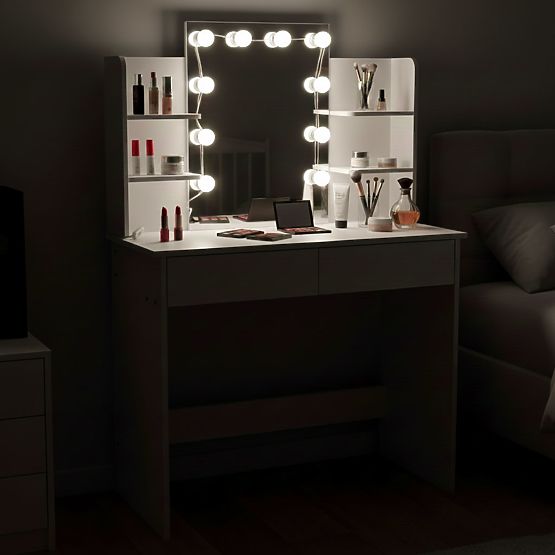 Masa de toaletă mare cu oglindă și iluminare LED 3 culori rafturi sertare ModernHome