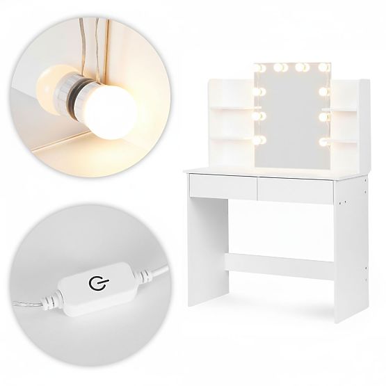 Masa de toaletă mare cu oglindă și iluminare LED 3 culori rafturi sertare ModernHome