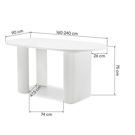 Masa extensibilă Audrey 160-240 cm, ovală, albă, cu caneluri, forme rotunjite