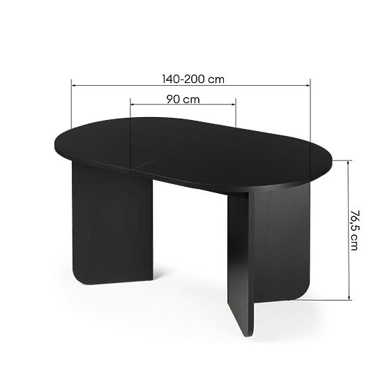Masă extensibilă Mou 140-200 cm, neagră cu structură de lemn, blat oval