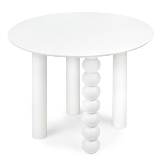 Masă rotundă Bolla 100 cm, furnir de fag, alb, picior decorativ cu bile