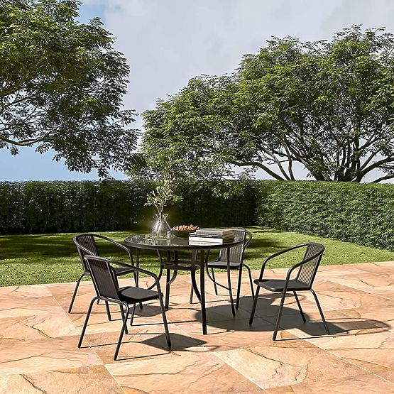 Masă rotundă de grădină 105 cm pentru terasă, grădină, balcon, sticlă securizată, orificiu pentru um