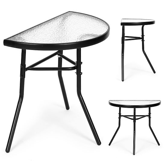 Măsuță de cafea semicirculară din sticlă pentru balcon, terasă, patio neagră