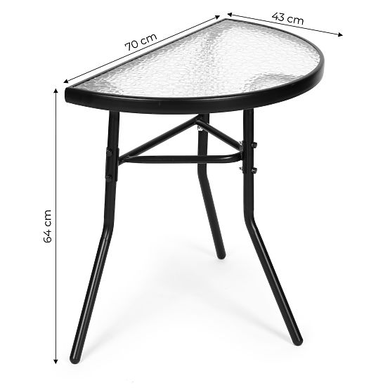 Măsuță de cafea semicirculară din sticlă pentru balcon, terasă, patio neagră