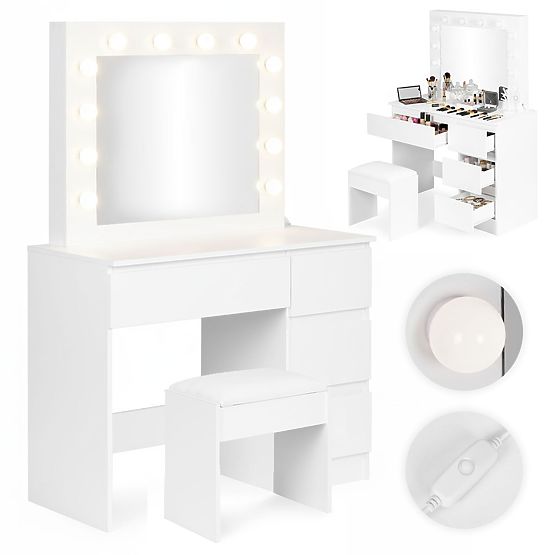 Măsuță de toaletă cosmetică cu oglindă și iluminare LED 4 sertare taburet ModernHome