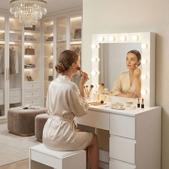 Măsuță de toaletă cosmetică cu oglindă și iluminare LED 4 sertare taburet ModernHome
