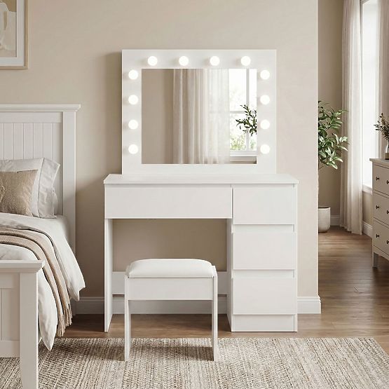 Măsuță de toaletă cosmetică cu oglindă și iluminare LED 4 sertare taburet ModernHome
