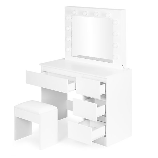 Măsuță de toaletă cosmetică cu oglindă și iluminare LED 4 sertare taburet ModernHome