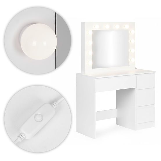 Măsuță de toaletă cosmetică cu oglindă și iluminare LED 4 sertare taburet ModernHome