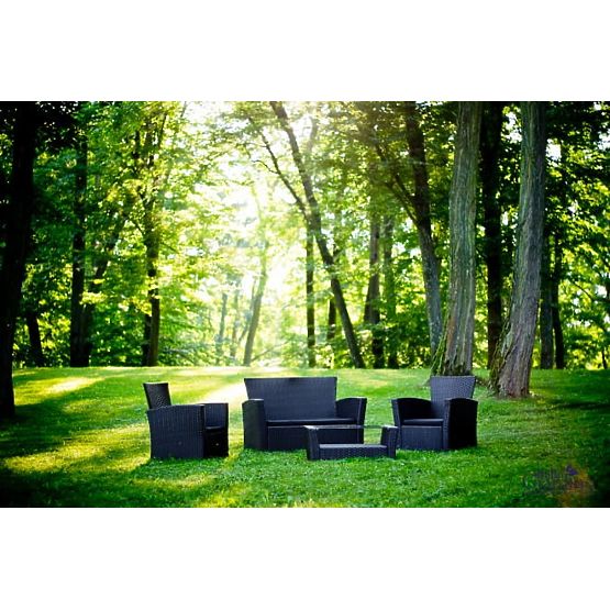 Mobilier de grădină din tehnoratan (canapea 123cm, 2 fotolii + masă) UNICO negru