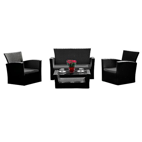 Mobilier de grădină din tehnoratan (canapea 123cm, 2 fotolii + masă) UNICO negru