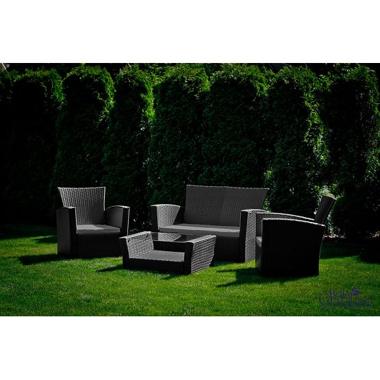 Mobilier de grădină din tehnoratan (canapea 123cm, 2 fotolii + masă) UNICO negru