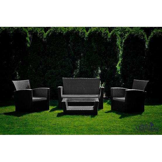 Mobilier de grădină din tehnoratan (canapea 123cm, 2 fotolii + masă) UNICO negru