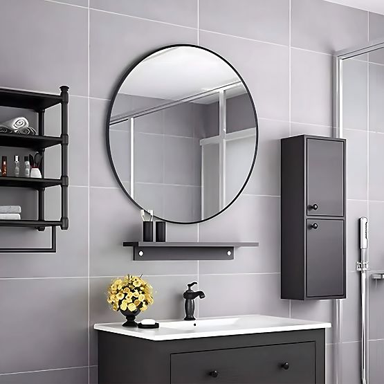 Oglindă de perete rotundă 80 cm suspendată cu ramă modernă neagră din aluminiu ModernHome