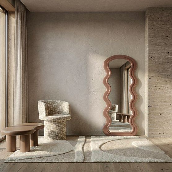 Oglindă decorativă suspendată în ramă de lemn Vale 177x75 cm, ondulată, formă organică, mocha mousse