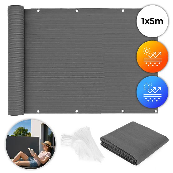 Paravan de balcon cu feronerie 100x500 cm plasă de umbrire + elemente de instalare gri MultiGarden