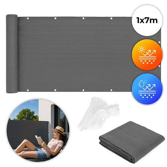 Paravan de balcon cu feronerie 100x700 cm plasă de umbrire + elemente de instalare gri MultiGarden