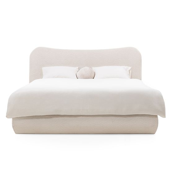 Pat matrimonial tapițat Derry 140x200 cm, cu somieră și spațiu de depozitare, rotunjit, bej