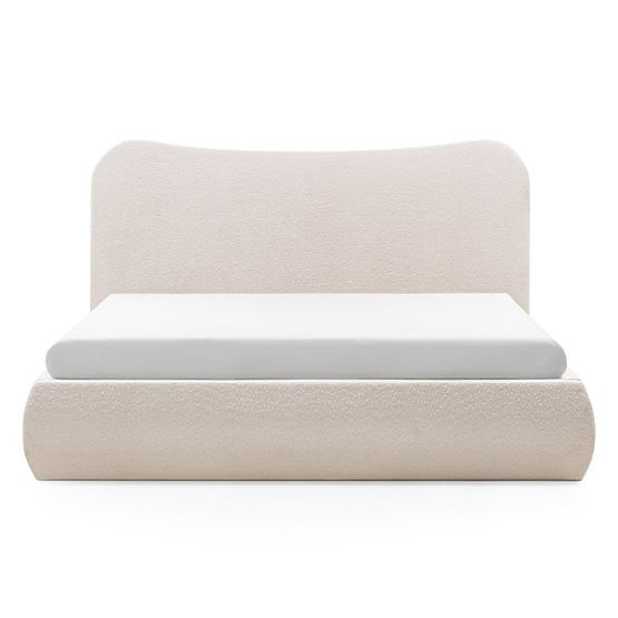 Pat matrimonial tapițat Derry 140x200 cm, cu somieră și spațiu de depozitare, rotunjit, bej