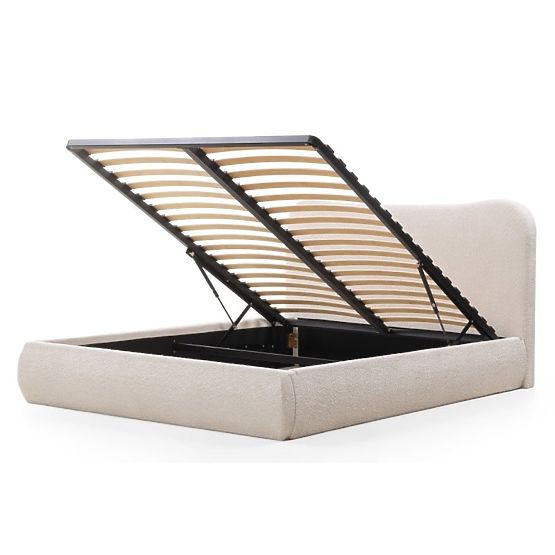 Pat matrimonial tapițat Derry 140x200 cm, cu somieră și spațiu de depozitare, rotunjit, bej