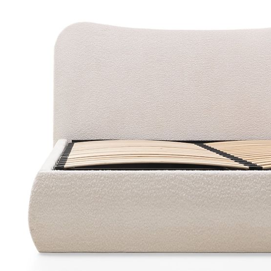 Pat matrimonial tapițat Derry 140x200 cm, cu somieră și spațiu de depozitare, rotunjit, bej