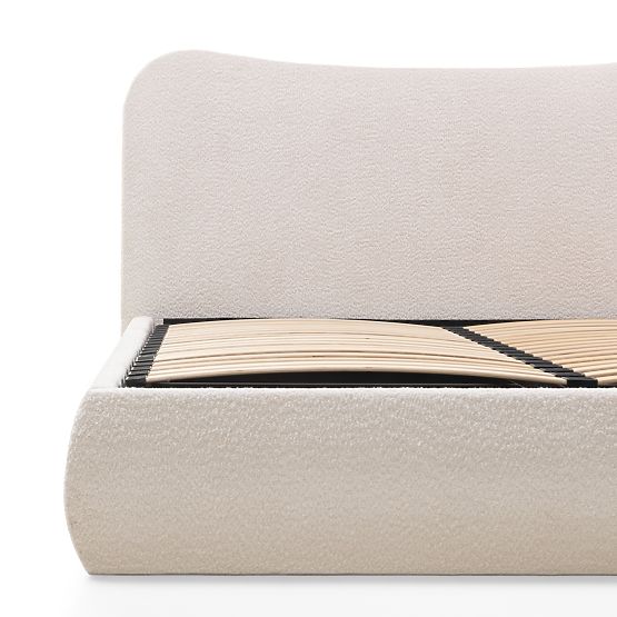 Pat matrimonial tapițat Derry 140x200 cm, cu somieră și spațiu de depozitare, rotunjit, bej