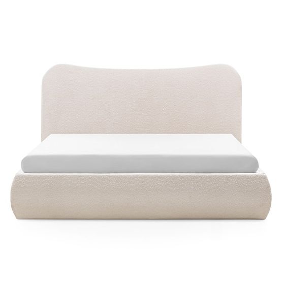 Pat matrimonial tapițat Derry 160x200 cm, cu somieră și spațiu de depozitare, rotunjit, bej