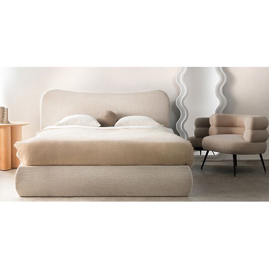 Pat matrimonial tapițat Derry 160x200 cm, cu somieră și spațiu de depozitare, rotunjit, bej