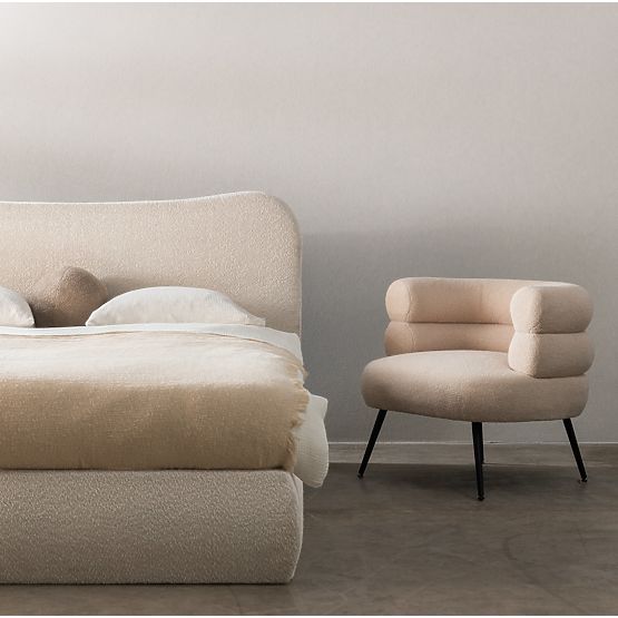 Pat matrimonial tapițat Derry 160x200 cm, cu somieră și spațiu de depozitare, rotunjit, bej