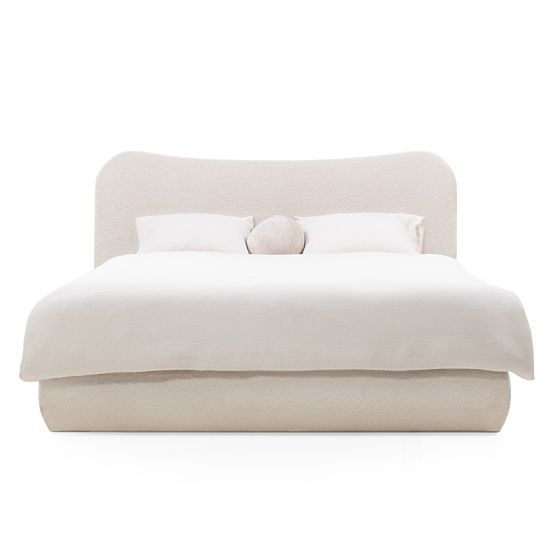 Pat matrimonial tapițat Derry 160x200 cm, cu somieră și spațiu de depozitare, rotunjit, bej