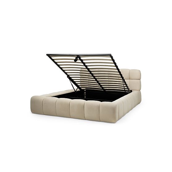 Pat tapițat Nexo 160x200 cm, cu somieră și spațiu de depozitare, bej deschis, forme rotunjite