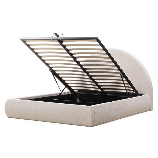Pat tapițat Orbi 160x200 cm, cu somieră și spațiu de depozitare, rotunjit, bej