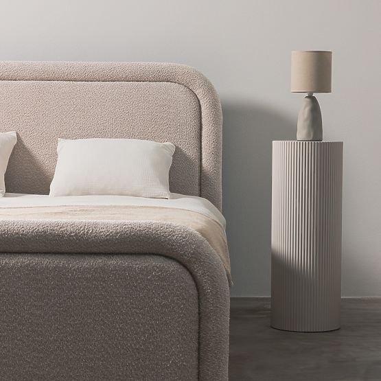 Pat tapițat Ovoid 140x200 cm, cu somieră și spațiu de depozitare, rotunjit, bej