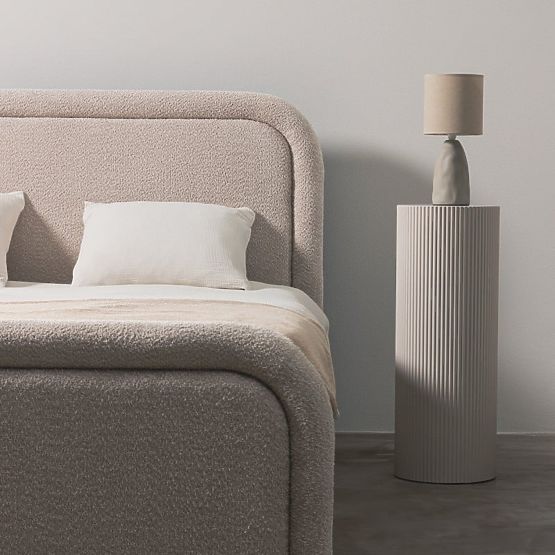 Pat tapițat Ovoid 160x200 cm, cu somieră și spațiu de depozitare, rotunjit, bej