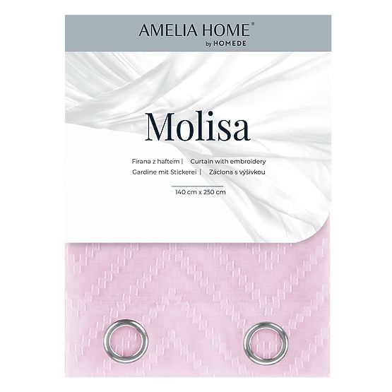 Perdea MOLISA culoare roz motiv brodat boho inele argintii voal 140x270 ameliahome