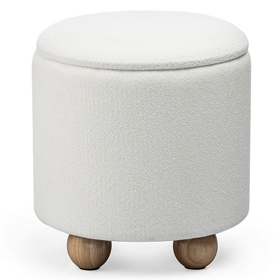 Puf tapițat Pebble, cu spațiu de depozitare, rotund, alb