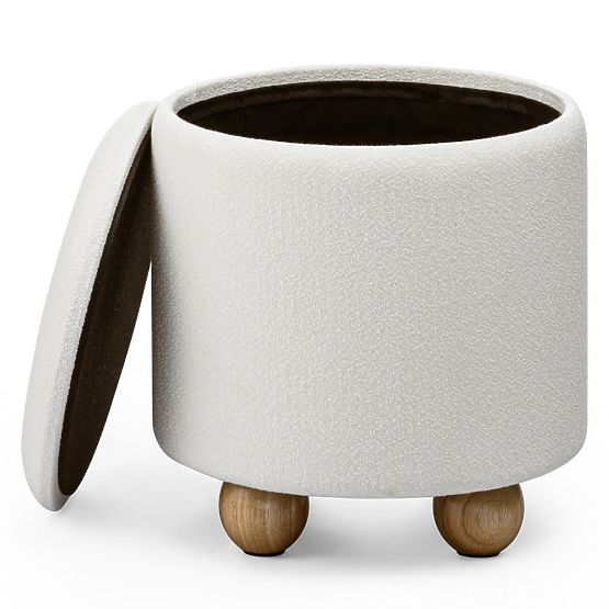 Puf tapițat Pebble, cu spațiu de depozitare, rotund, alb