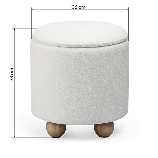 Puf tapițat Pebble, cu spațiu de depozitare, rotund, alb