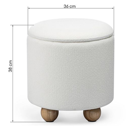 Puf tapițat Pebble, cu spațiu de depozitare, rotund, alb