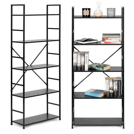 Raft larg din lemn modern LOFT cu 5 rafturi negre