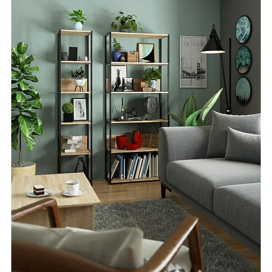 Raft metalic loft 40 cm - negru-stejar sonoma - 6 rafturi