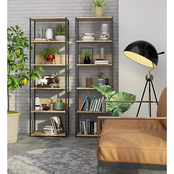 Raft metalic loft 60 cm - negru-stejar sonoma - 6 rafturi