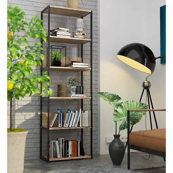 Raft metalic loft 60 cm - negru-stejar sonoma - 6 rafturi