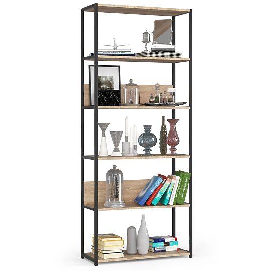Raft metalic loft 80 cm - negru-stejar sonoma - 6 rafturi