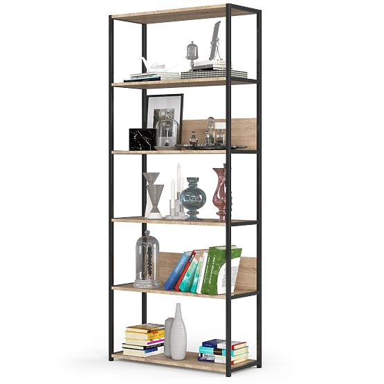 Raft metalic loft 80 cm - negru-stejar sonoma - 6 rafturi