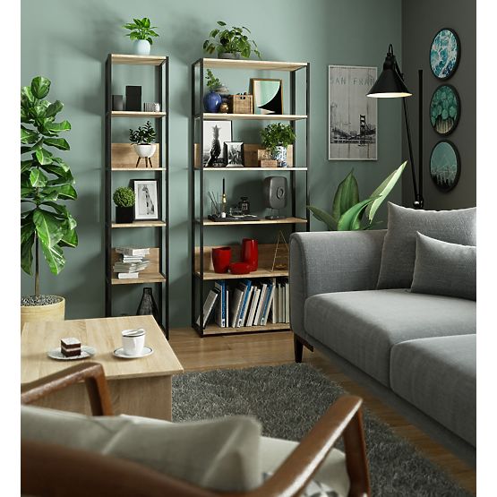 Raft metalic loft 80 cm - negru-stejar sonoma - 6 rafturi