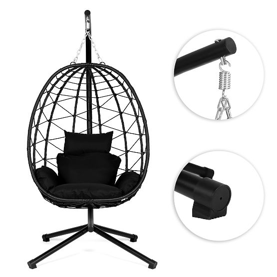 Scaun de grădină suspendat, independent, tip cocon, până la 120 kg, perne negre MultiGarden