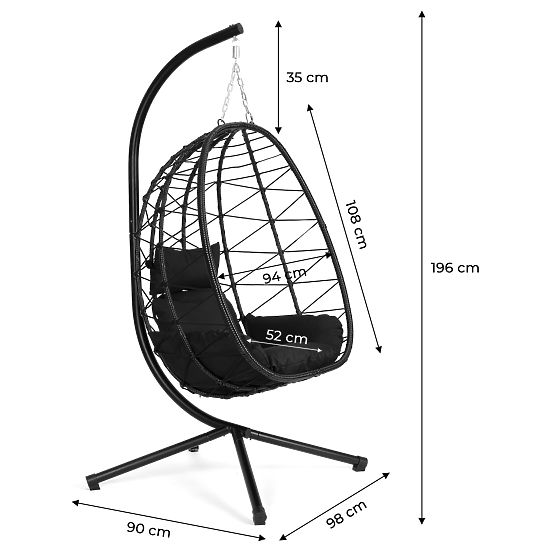 Scaun de grădină suspendat, independent, tip cocon, până la 120 kg, perne negre MultiGarden